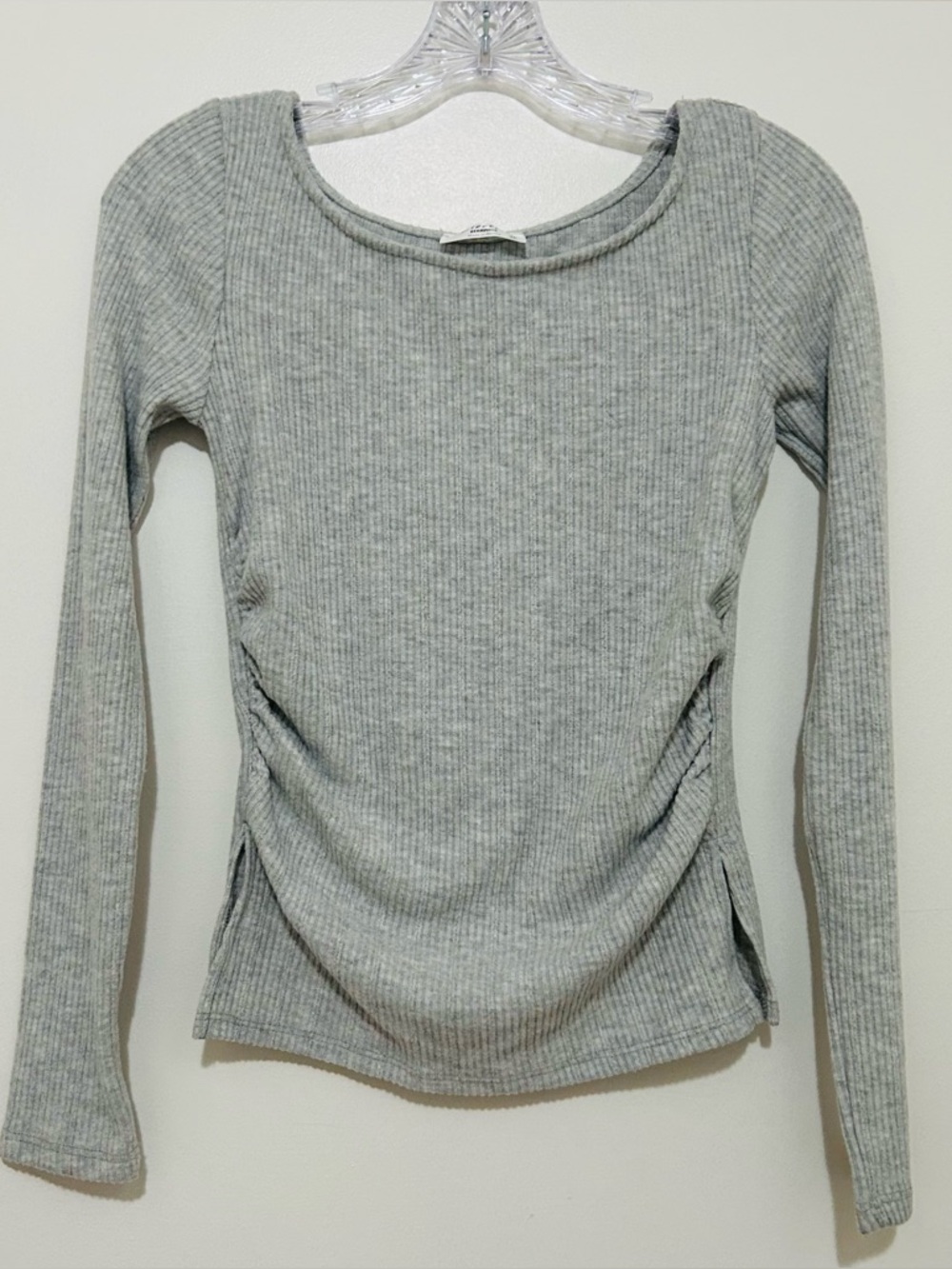 Electric Behaviour Heather Grey Ribbed Ruched Long Sleeve Top Side Slit XS